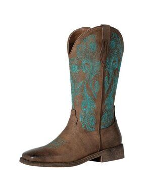 Women Dark-Brown Square Toe Calf High Fashion Western Embroidered Cowgirl Boots